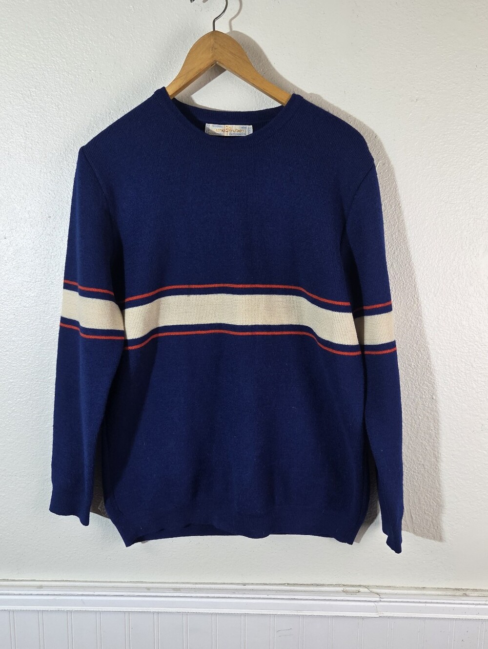 Vintage Carlo Gruber Austria 100% Wool Ski Sweater Mens MM Blue Striped Retro